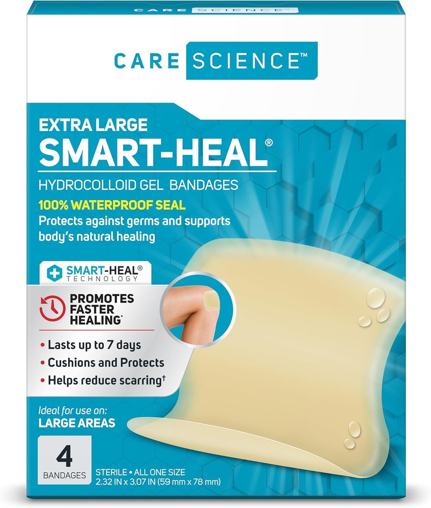 Care Science Smart Heal Hydrokoloid, Velké, 2.3 v x 3 in, 4CT CLAS124; 100% vodotěsné těsnění podporuje hojení, snižuje zjizvení