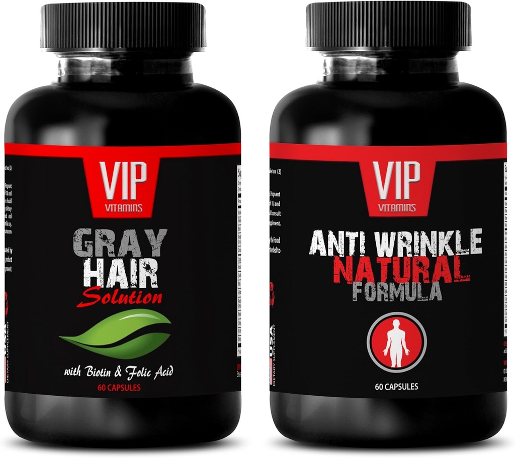 Anti- Aging Essential - Šedé vlasové řešení - Anti vráskám Formule - Saw Palmetto Natural - 2 Lahvičky (60 Kapsle + 60 Kapsle)