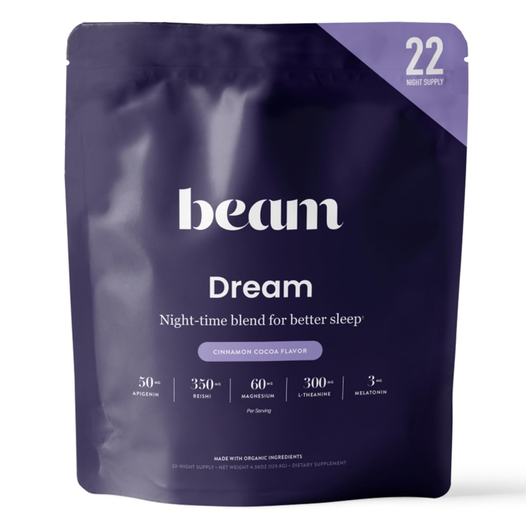 Beam Dream Sleep Powder, L- Theanin, Apigenin, Reishi a Magnesium, Třetí strana Testované přírodní spánková pomoc & Spánkový doplněk pro hluboký spánek, relaxace a zotavení, Přírodní spánková podpora, 22 Služeb