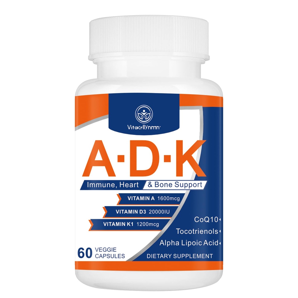 ADK doplněk vitamínu 20000 IU - Vitamíny vysoké potence A, D3 a K1 pro srdce, zdraví kostí a imunitní podporu Vitamin ADK 60 Kapsle