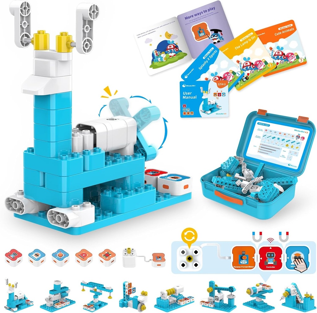 WhalesBot A3 12-in-1 STEM Blocks Coding Robot Kit pro děti, 61-Díl Vzdělávací budova Set s Interactive Storytelling, Ideální Toy Gift pro chlapce & Girls Ages 3-6