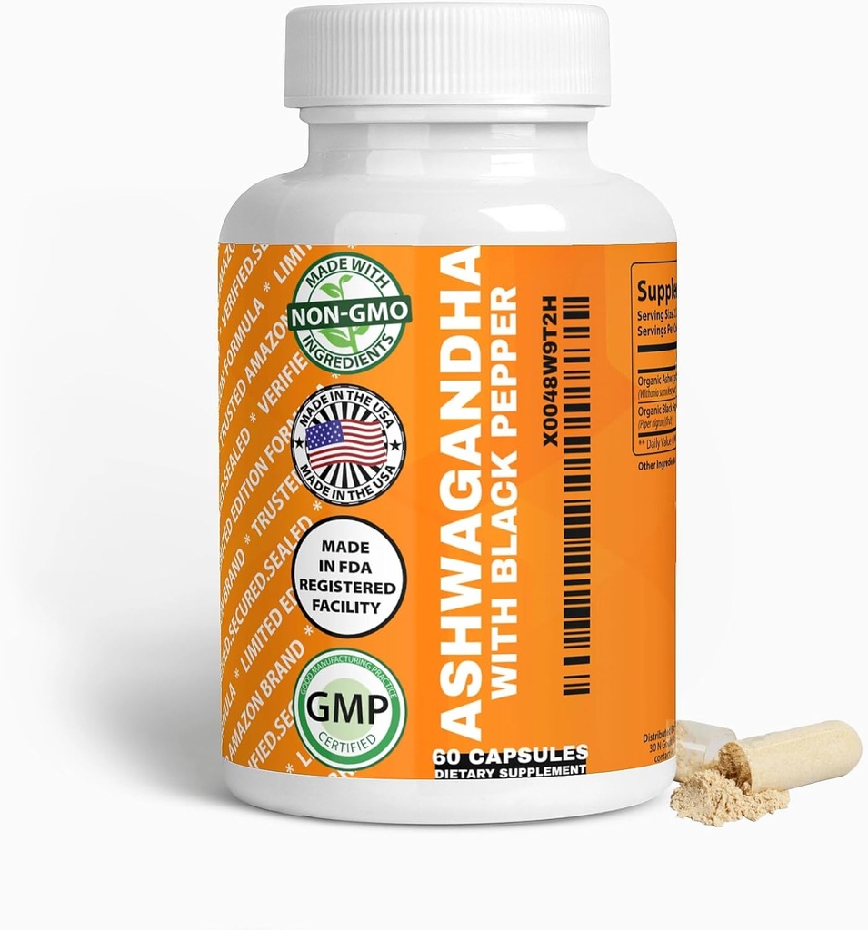 Generic Organic Ashwagandha & Black Pepper Kapsle, 1300mg & 10mg, 60 Počet, Zvýšení imunity & Mood Přirozeně