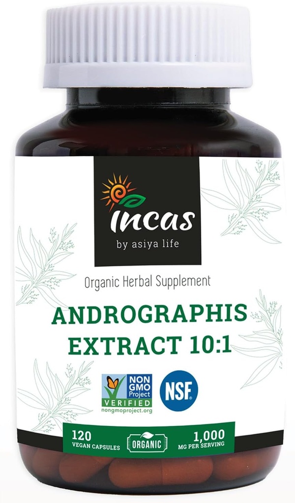 Incas Andrographis Kapsle Max Andrographides - 1,000mg Serving Size (120 Kapsle) - Klinicky Studium pro imunitní systém Zdraví & Non GMO Ověřeno NSF