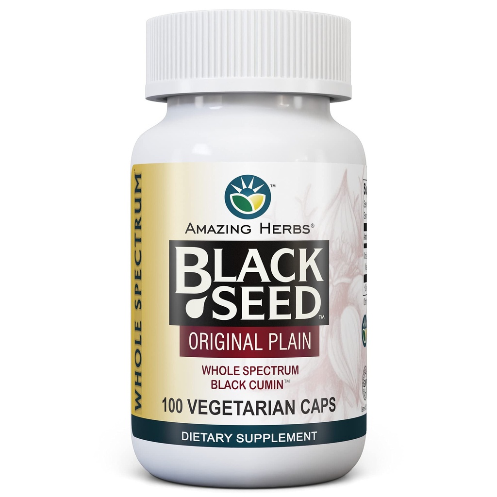 Úžasné Byliny celé spektrum Black Seed Original Plain, Vegetariánské kapsle - Gluten Free, non GMO, Cold Pressed Nigella Sativa AIDS in Digestive Health - 100 Počet, 475mg