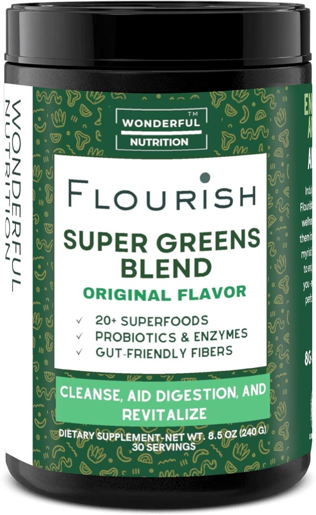 Flourish Super Green. Zelený Powder Mix for Energy, s Chlorella Organic Spirulina, Beet Root Powder, Enzymes & Probiotics, Original, 30 Servings