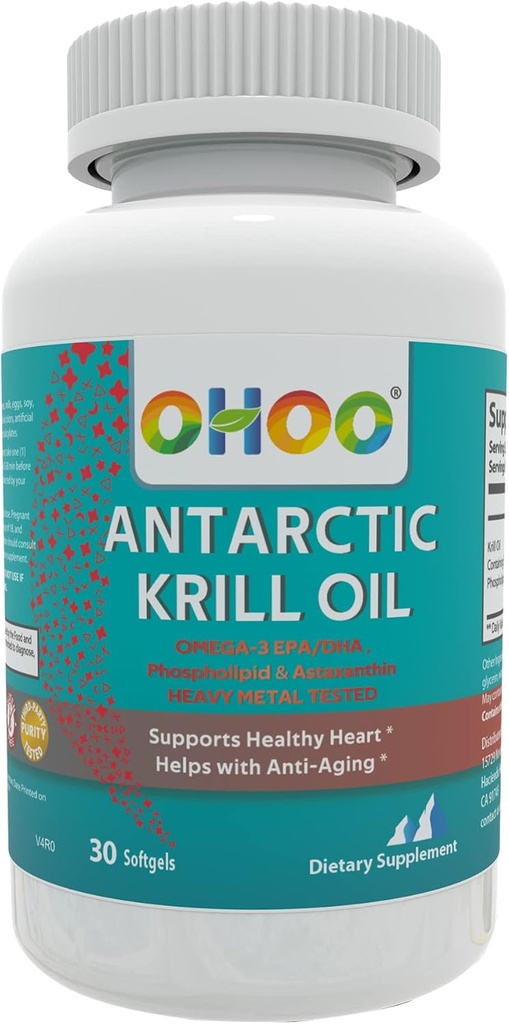 OHOO Antarktida krilový olej 500 mg Omega33 EPA & DHA dodatek, Phopholipids, Antioxidant Astaxanthin, podporuje zdravé srdce a anti- stárnutí dodatek s No Fishy Aftertact, 30 Softgels