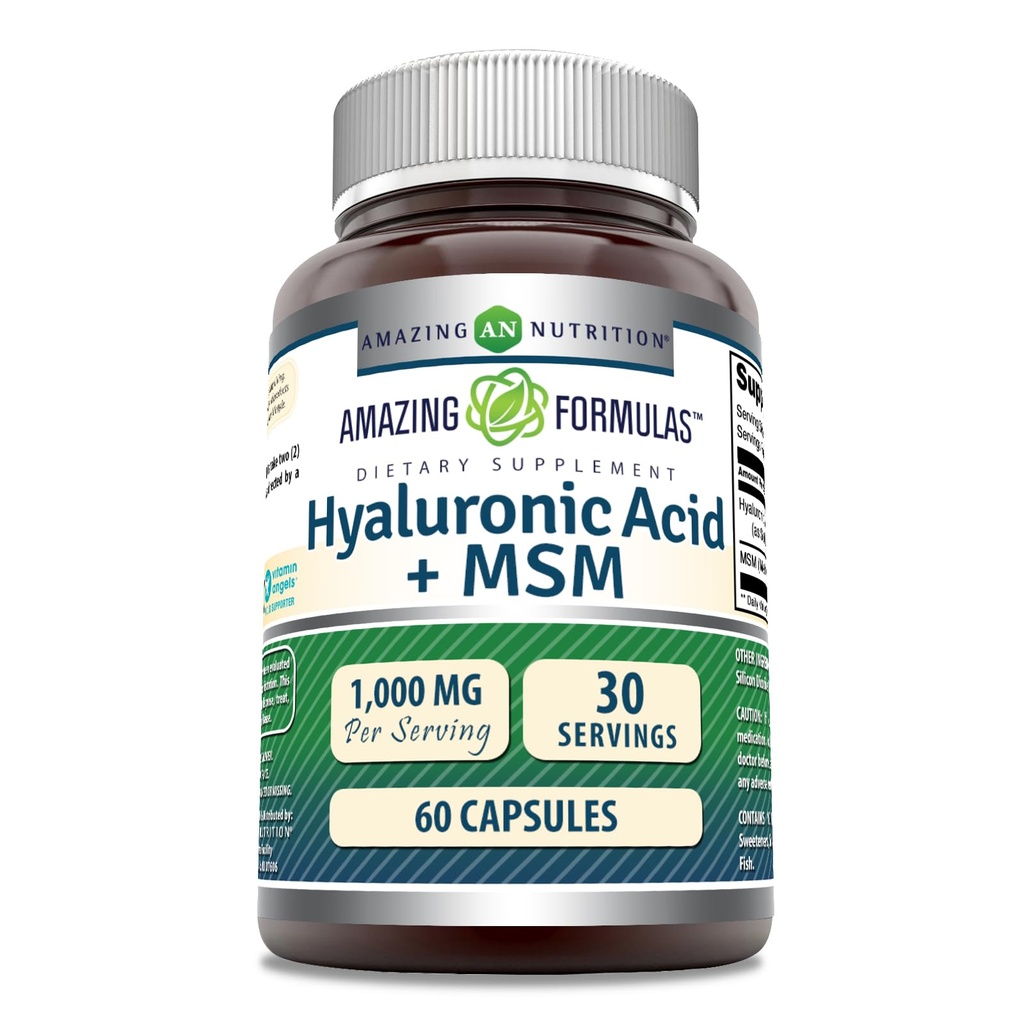 Amazing Applicas Hyaluronic Acid & MSM Dodatek 124; 1000 Mg per Serving Acid 124; Kapsle 124; Non-GMO Acid 124; Gluten Free Acid 124; Made in USA (1 balení, 60 Počet)