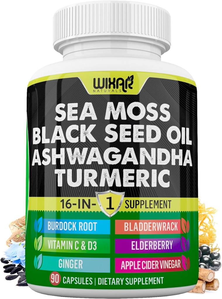 Wixar Sea Moss 3000mg Black Seed Oil 2000mg Ashwagandha 1000mg Turmeric 1000mg Bladderwrack 1000mg Burdock 1000mg & Vitamin C & D3 s Elderberry Dandelion Yellow Dock Chlorofyl ACV - 90 Kapsle
