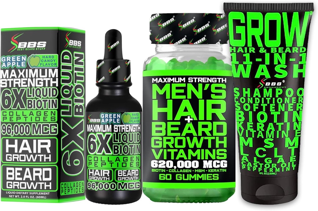 Beard Growth Kit w / Grow 11- in-1 Hair Growth Shampoo for men & Conditioner w / Biotin + Beard Growth Vitamins & Hair Growth Vitamins for men + 6X Liquid Biotin with Collagen - Vyjádřeno v Americe