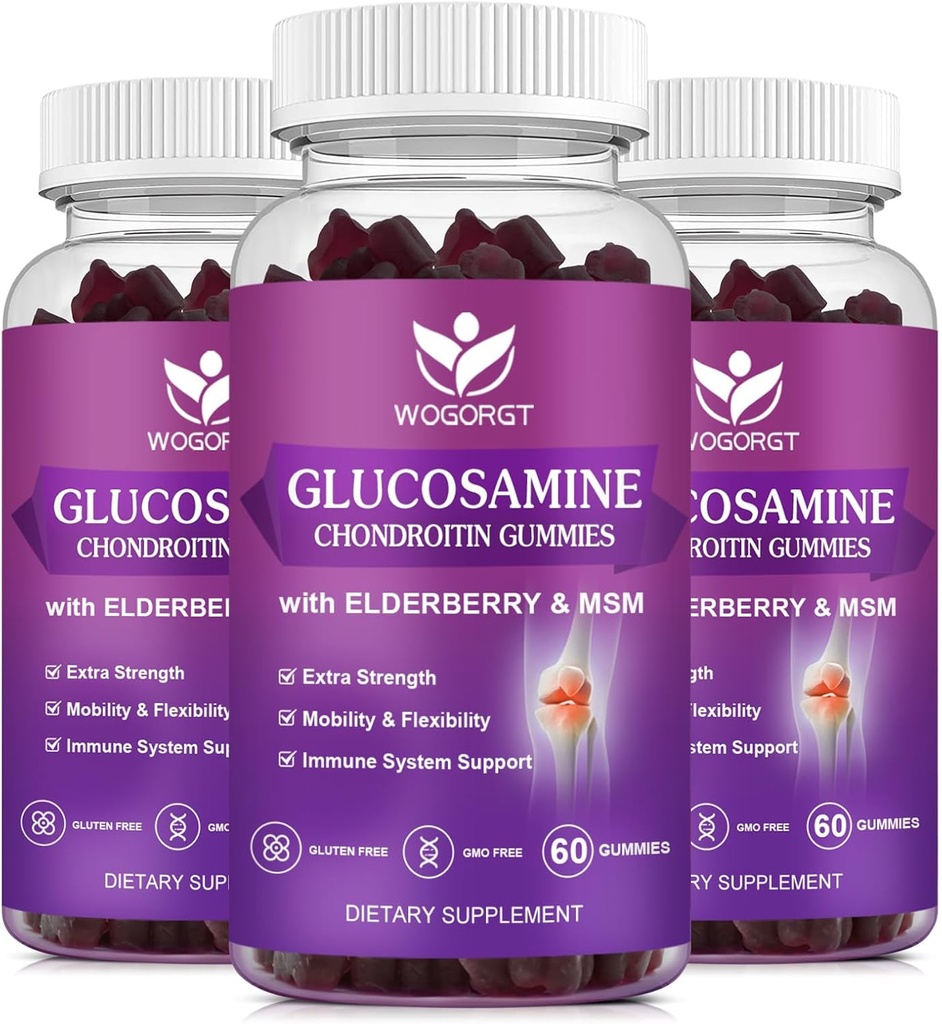 Glucosamine Chondroitin Gummies with MSM & Elderberry - 1500mg Glucosamine Chondroitin Gummies Dodatek pro flexibilitu a imunitní podporu pro muže a ženy, 60 Gummies (3 Pack)