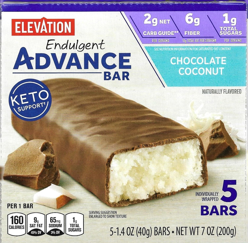 Millville Elevation Advance Chocococonut Bars, Carb Conscious, 5g protein, s recepty. Jedna krabice 5, 1.4oz Individuálně zabalené bary. Bundle obsahuje 2 recepty, 5 barů.