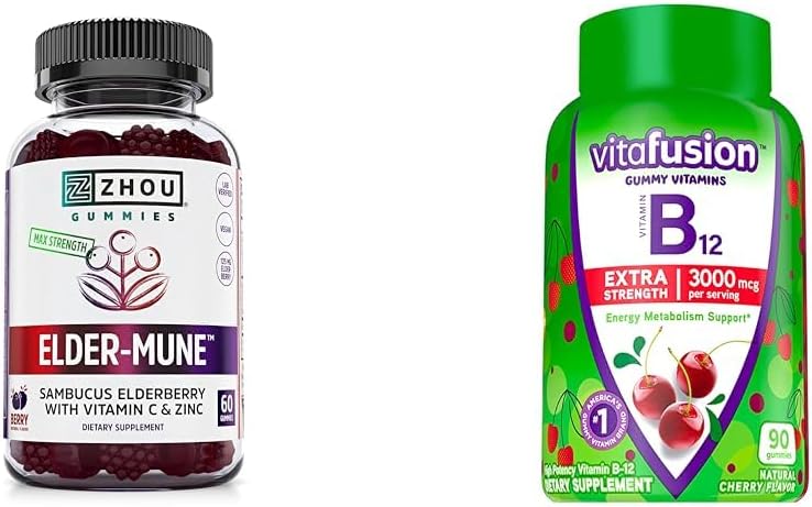 ZHOU Nutrition Elderberry Gummies Imunitate Support Bundle with Vitafusion Vitamin B12 Gummies Energy Metabolismus Podpora, 60 a 90 Počet