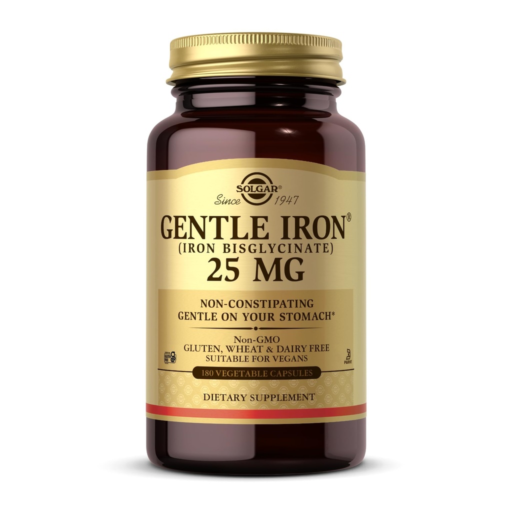 Solgar Gentle Iron (Iron Bisglycinate) 25 mg - 180 Zeleninové kapsle - Non- Constipating, Gentle on Your Stomach - Non- GMO, Gluten Free - 180 Servings