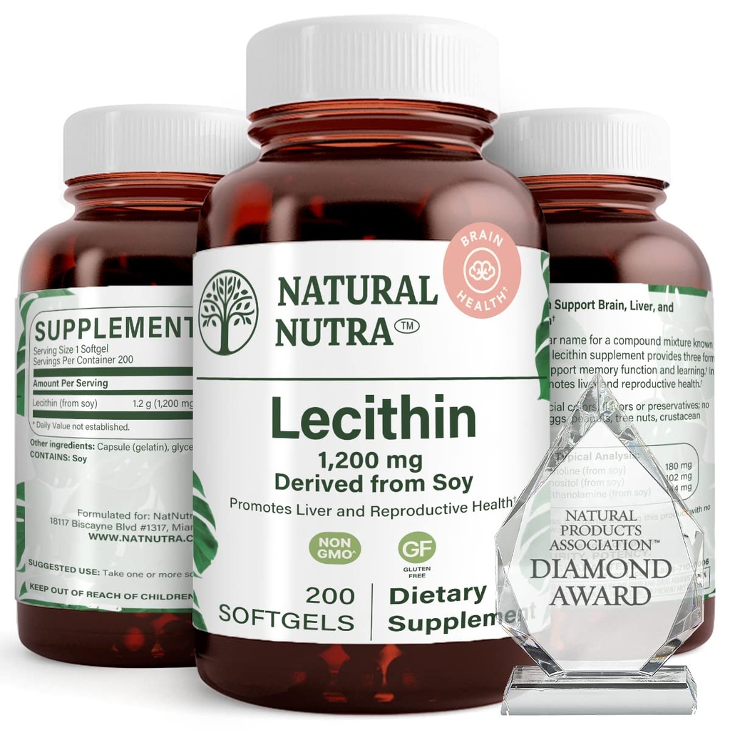 Natural Nutra Soy Lecithin 1200 mg Dietní dodatek - Mozková funkce, jaterní zdraví, Zlepšit procreant zdraví, Zvýšení dodatek - gluten- Free, BPA- Free, 200 Softgels v recyklovatelných skleněných lahví