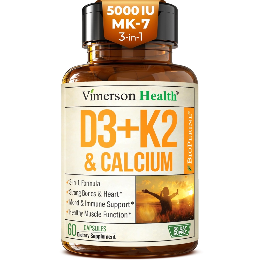 Vitamin D3 K2 dodatek - All- in-1 Podpora imunitního, kostního a srdečního zdraví s vitamínem D + vitamin K (jako MK7) - K2 D3 (5000 IU) Vitamin dodatek s černým pepřem pro Max Absorpce, 60 Kapsle