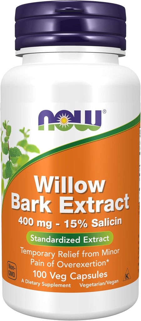 Nyní Potraviny doplňky, White Willow Bark 400 mg s 15% Salicin, Standardizovaný extrakt, 100 Veg Kapsle