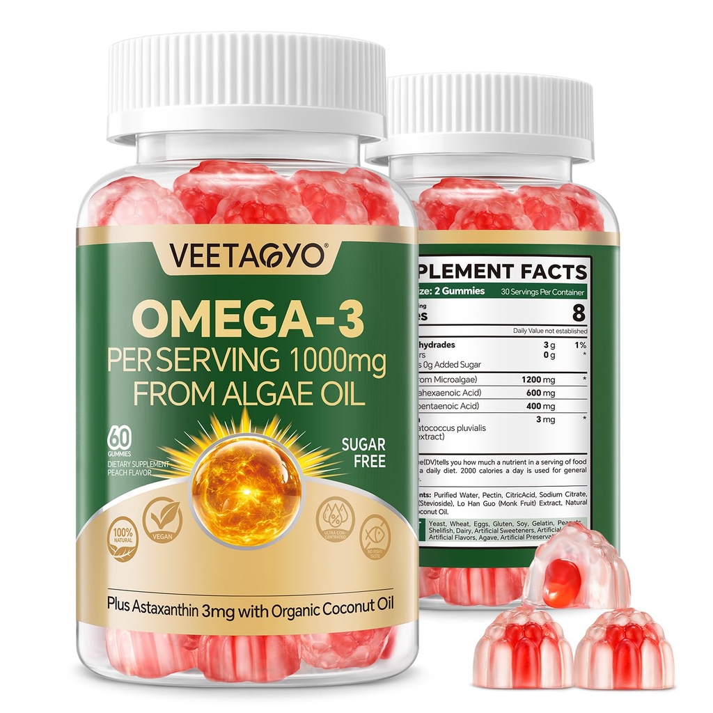 Vegan Omega 3 Gummies 1200mg - Dual Layer - Fish Oil Alternative, Mořské řasy Omega 3 Dodatek DHA 600mg, EPA 400mg s Astaxanthin, Cukr zdarma, 60 Cts