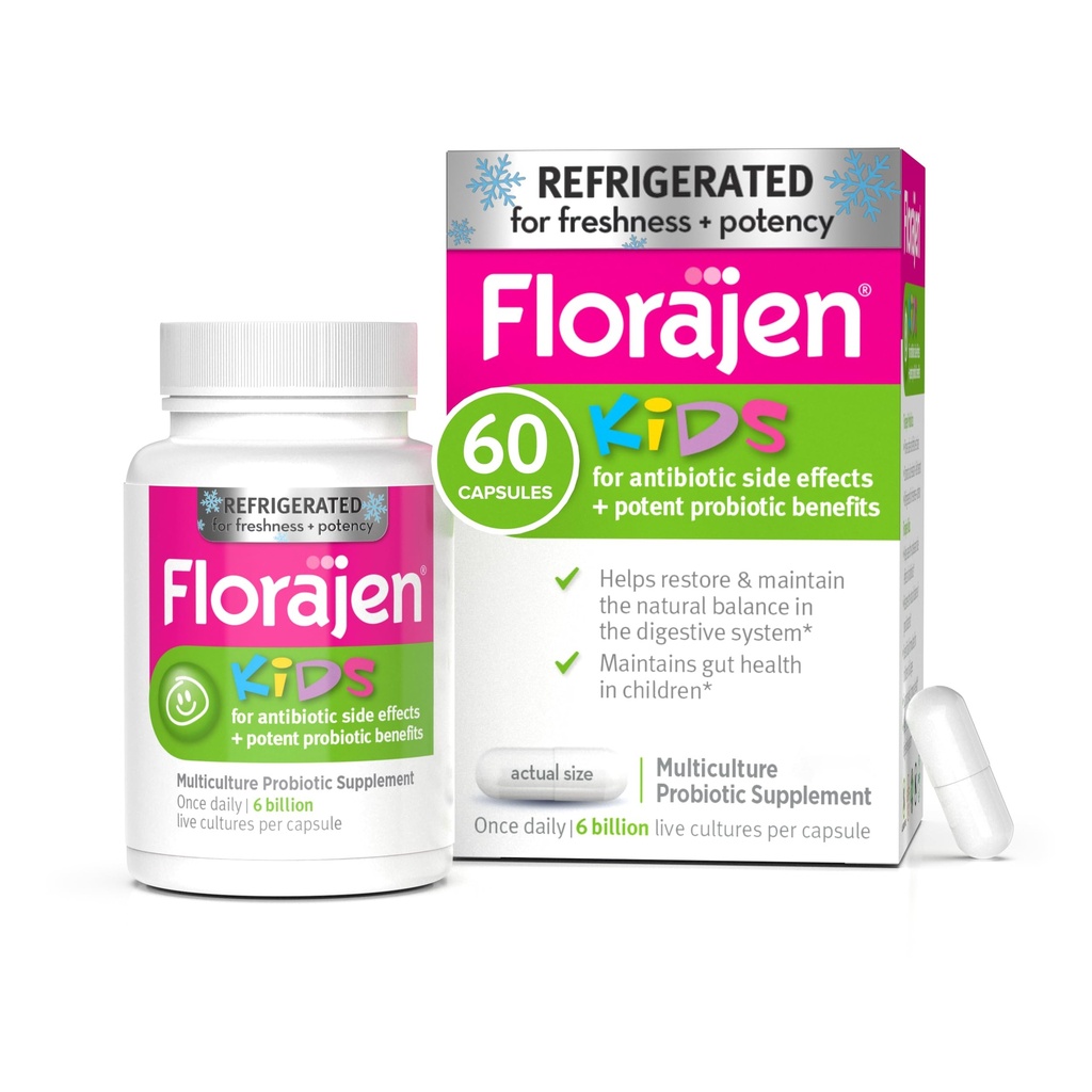 Florajen Kids Probiotic - Daily Gut & Imunitary Support for Children 6 Months & Up - Zácpa, nadýmání, a stravitelná pomoc - Chlazení pro čerstvost a potenciál - 60 Kapsle