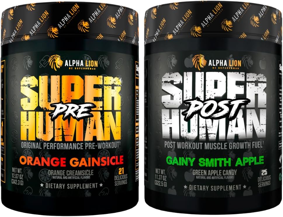 ALPHA LION Superhuman Pre Workout Powder & Post Workout Recovery Bundle, Setrvalá energie & Focus + Lean Muscle Growth, Síla & Volume (Hulk Juice & Gainy Smith Apple)