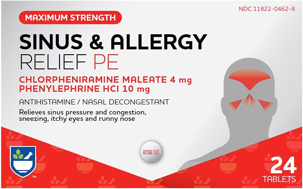 Rite Aid Sinus & Alergies Relief PE tablety, Maximální zesílení - 24 Počet 124; Antihistamin a Nasal Decongestant 124; 4 Hodiny Allerics Medikace 124; Alergie a zácpa