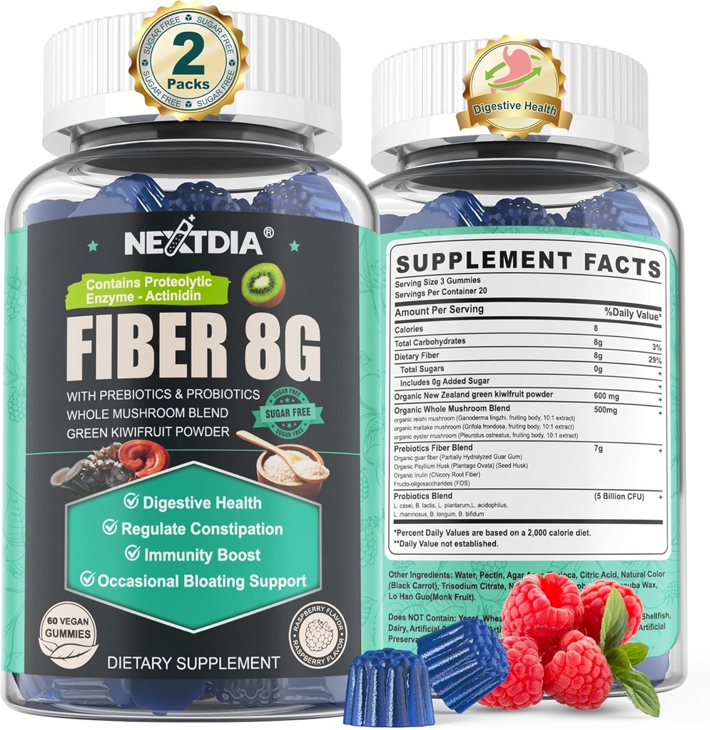 Sugar Free Prebiotic Fiber Dodatek pro ženy a muže 124; 8G High Fiber Gummies s houbou, Psylium Husk, Digestive Enzymes, Guar Gum, Inulin na podporu Gut & Digestive Health 124; 120 Vegan Gummies