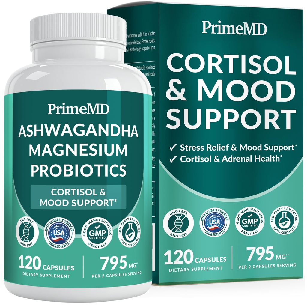5-in-1 Cortisol dodatek pro ženy a muže s Ashwagandha pro Calmness, Focus, a Adrenal Supplementary with Shilajit Extract, Magnesium Glycinate, Probiotika (120 ct) (balení po 1)