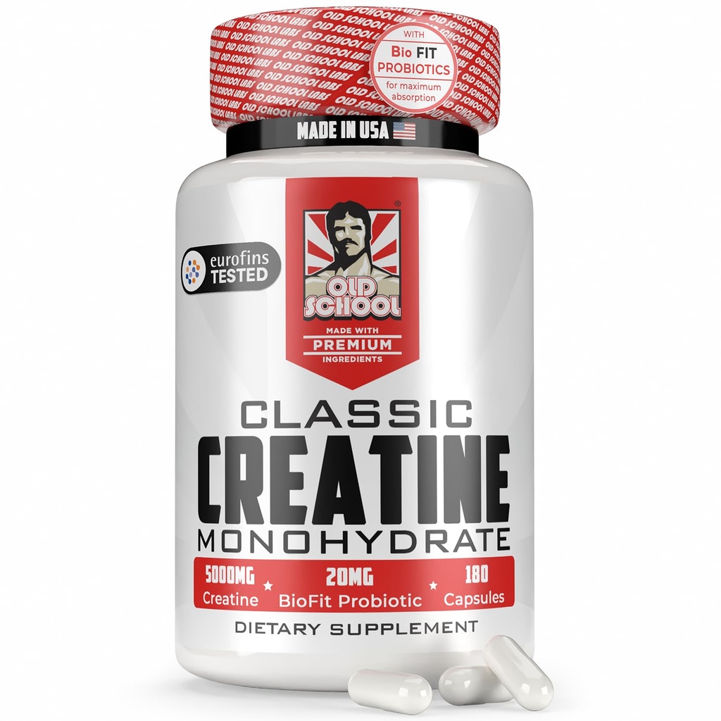 Old School Labs 5000mg Creatine Monohydrát Kapsle s BioFit ™ (Max Strength) Podporuje růst svalů a obnovu, výkon, kognitivní zdraví - Creatine pilulky pro muže a ženy, Made in USA 180 Caps