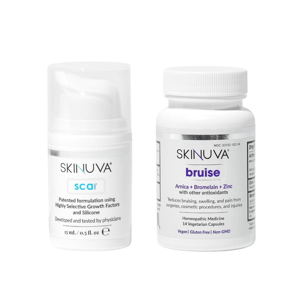 Skinuva ® Scar (0, 5 oz) & Bruise (14 tobolek) - Pokročilý silikonový krém s růstovými faktory & Homeopatické Bruise Remedy s Arnica, Bromelain & Zinek