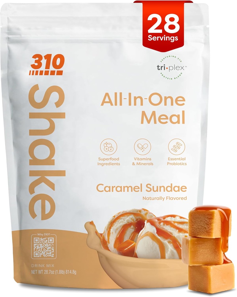 310 Nutriční All- In- One Strava Náhrada Shake Powder - Plant- Based Protein Smoothie Blend w / High Fiber, Probiotika & Adaptogens - Low Carb, Vegan, Keto & Paleo Friendly - Karamel Sundae - 28 Srv
