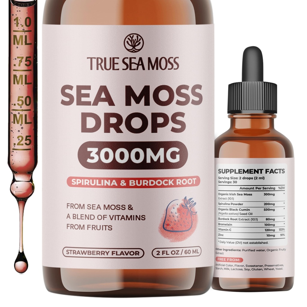 TrueSeaMoss Irish Sea Moss Drops - 5X Silnější než Sea Moss Gel - 92 + Esenciály Minerály - s Spirulina Powder, Burdock Root & Black Cumin - 2 Fl Oz (60ml) - Jahodová šťáva