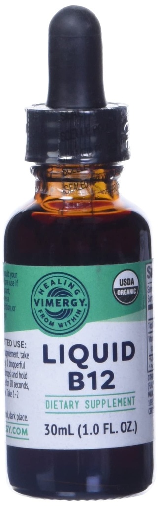 Viméries Organic Liquid Vitamin B12 dodatek 2500 mcg, Methylkobalamin & Adenosylkobalamin Fast- Absorbing Energy Support USDA Organic, Vegan, Non- GMO B12 Vitaminy pro ženy a muže 30 Serving (30 ml)