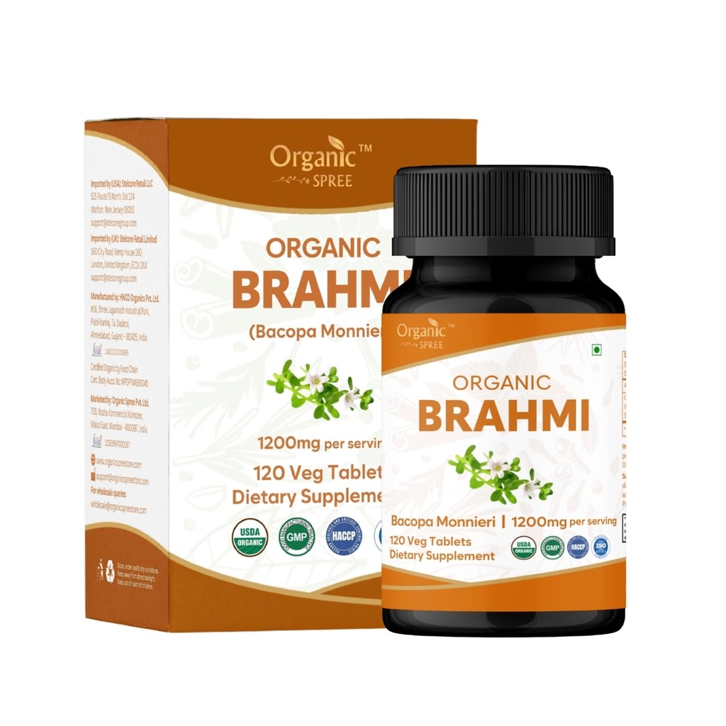 Brahmi 120 Tablety - USDA Organic Bacopa Monnieri Dodatek - Podporuje zaměření, klid a paměť - Bylinné nootropic *