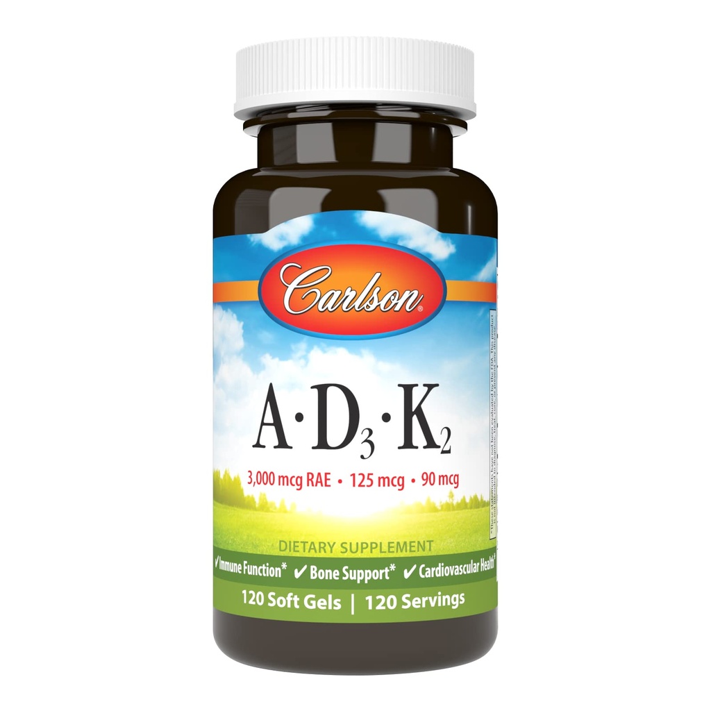 Carlson - Vitamíny A, D3, K2, 3000 mcg RAE Vitamin A, 125 mcg Vitamin D3, 90 mcg Vitamin K2 jako MK-7, Kostní budova, Utilizace vápníku, 120 měkkých gelů