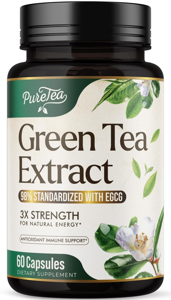 Zelený čaj Extract Kapsle 1000mg s 45% EGCG & 98% polyfenoly pro podporu srdce s antioxidanty - 3X Absorpce Zelený čaj pilulky dodatek pro přírodní energii, jemný kofein - 60 Kapsle