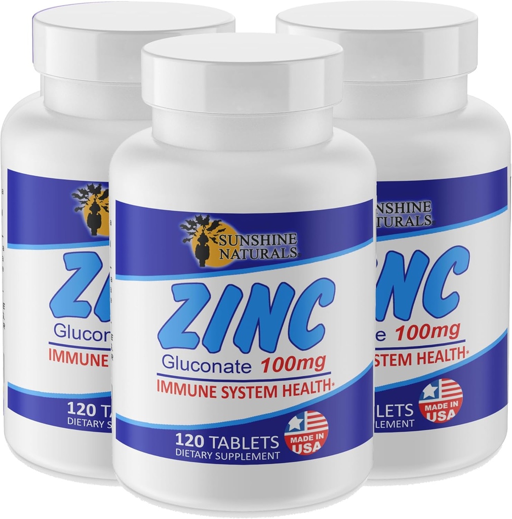 Sunshine Naturals Zinek Gluconate Minerální dodatek - Podporuje imunitní systém, Promotes Wound léčení, zlepšuje zdraví pokožky, poskytuje antioxidační obranu - 100mg, 120 Tablety, vysoká účinnost