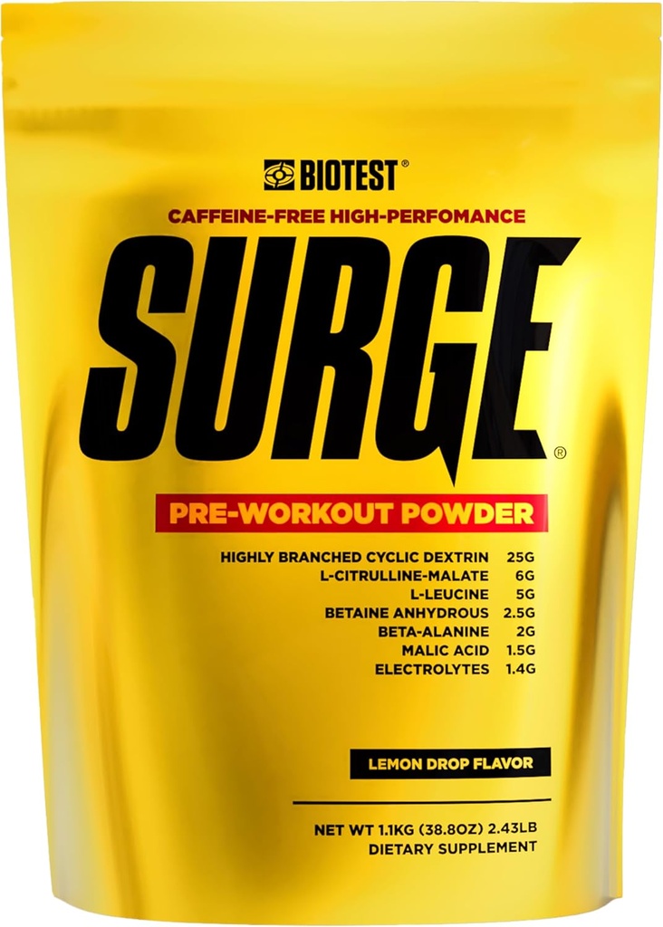 Surge Pre- Workout Powderl - 25 g Vysoce Branched Cyclic Dextrin, 6,5 g Citrulline Malate, 5 g L- Leucin, 2,5 g Betaine Anhydrile, 2 g Beta- Alanin, 1,4 g Electrolyte Blend - 1,1 kg