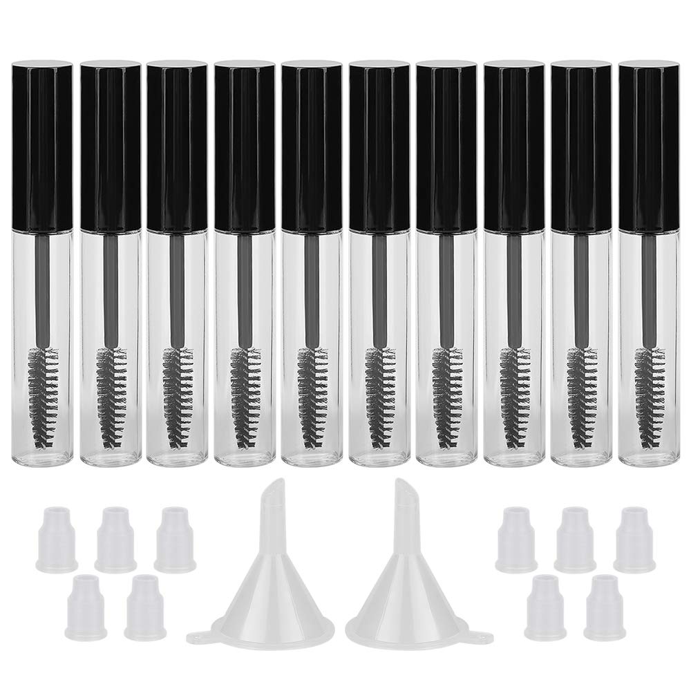 GTHER 10PCS 10ML Prázdné maškarní trubice Lahvička s hůlkou, gumové vložky a funnely Sada pro Castor Oil / Growth Oil, DIY Cream Container s čepem, černá