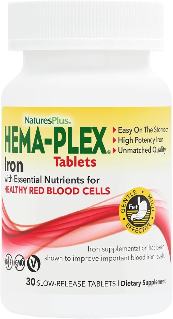 NaturesPlus Hema- Plex Iron - 30 Slow-Release Tablet - 85 mg Chelated Iron - Total Blood Health - with Vitamin C & Bioflavonoids - Non GMO, Vegetarian & gluten Free - 30 Služeb