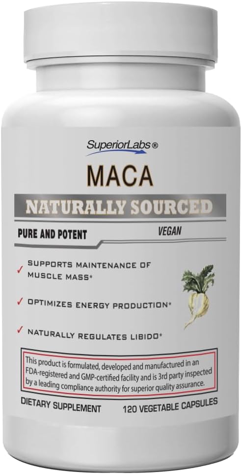 Superior Labs - Organic Peruvian Maca - 100% Pure NonGMO - Dietní dodatek pro uklidnění a relaxaci - Nulové syntetické přísady, stearáty, dioxidy - 750mg, 120 Zeleninové kapsle