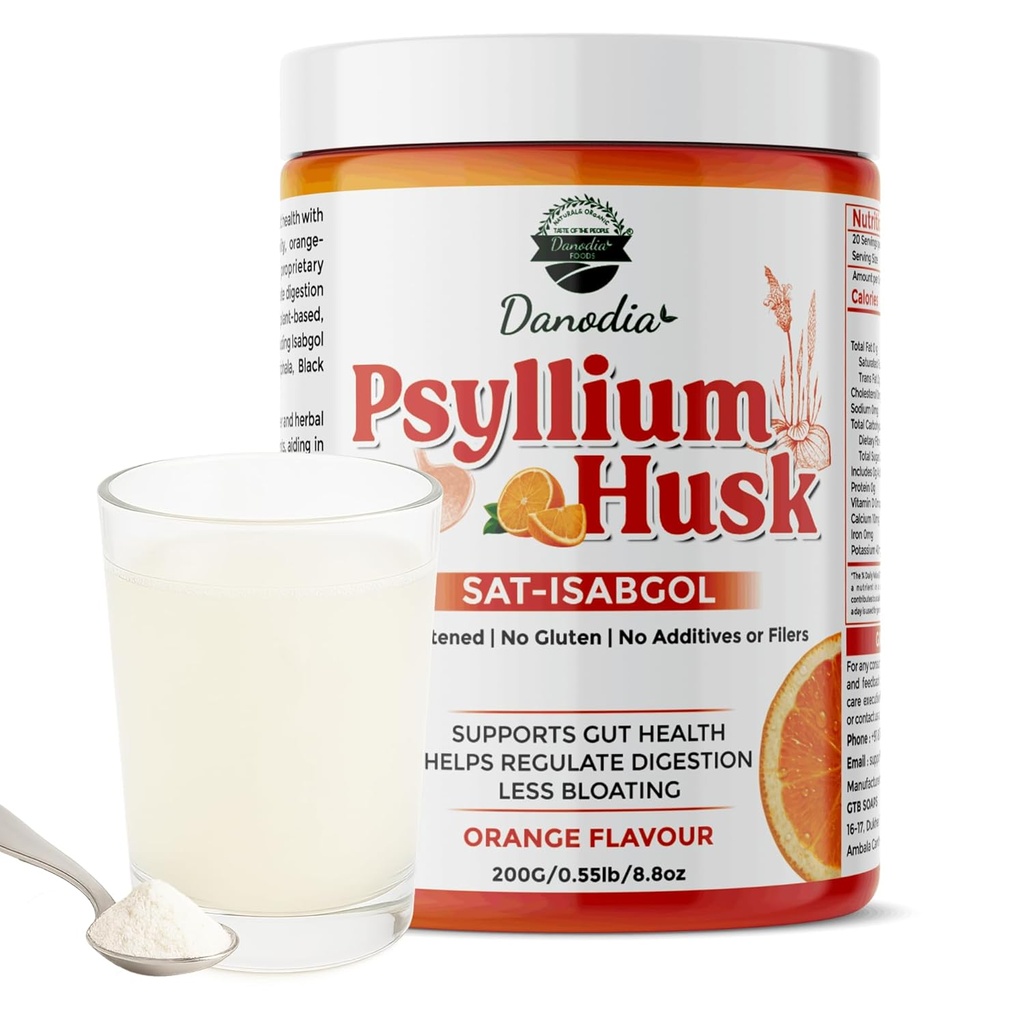 Danodia Foods Organic Psylium Husk Powder Mírný Orange Flavor, 200g (8.8oz) Orange 124; Sat- libragol s 5 přidanými Byliny 124; Neslazené, Gluten- Free, Přírodní Vláknina dodatek pro stravitelné zdraví