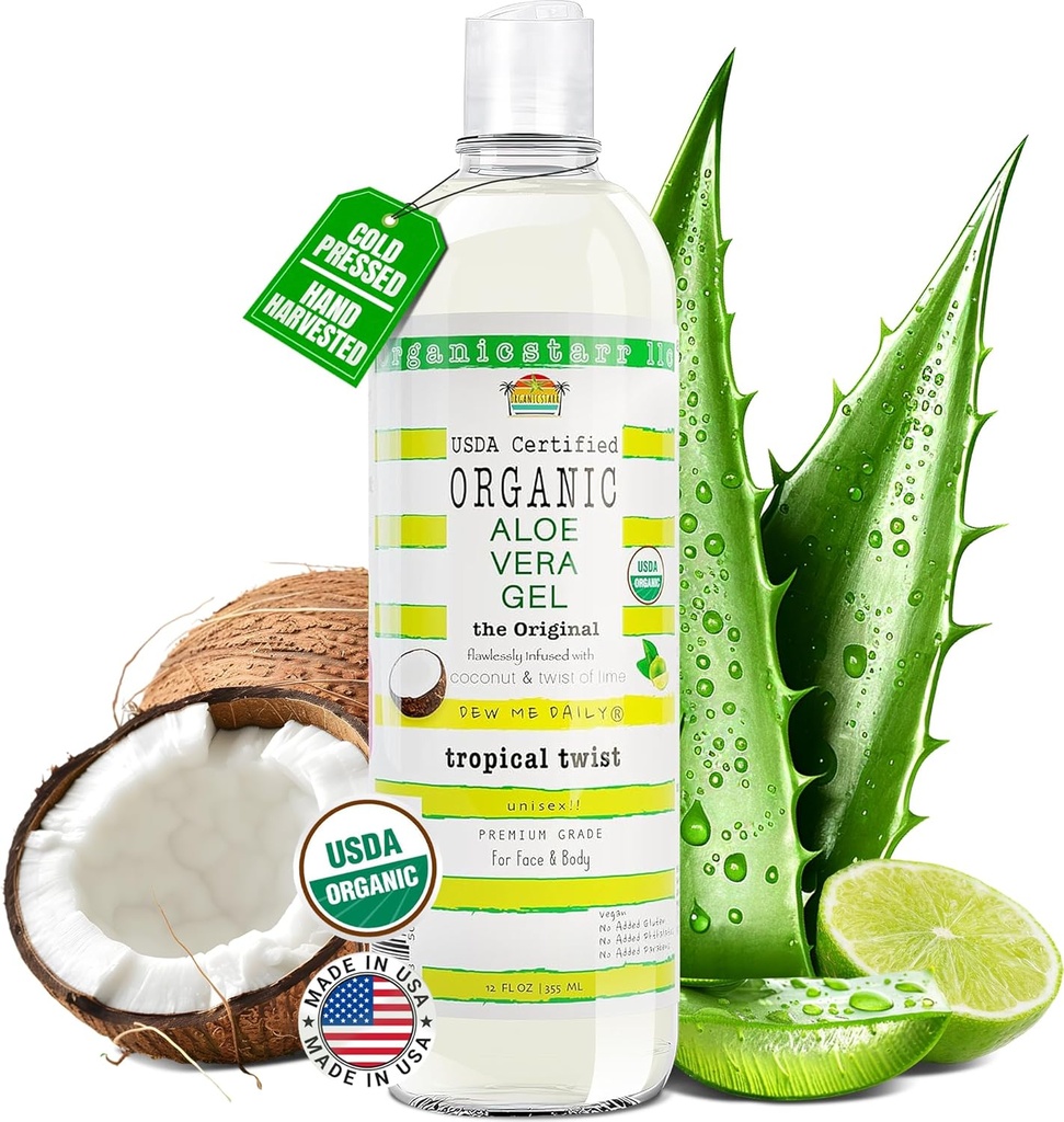USDA Certified Organic Aloe Vera Gel 12 oz - 100% čisté, studené tlaky, ruční sklizeň, Infuze s kokosem, Lime & Verbena Essential Oils, Chemical- Free - Kůže & Péče o vlasy, Made in USA