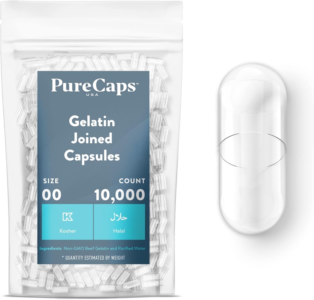 PureCaps USA - Prázdná želatina Kapsle Velikost 00 column 124; 10,000 spojených pilulky colum124; Clear colum124; Non- GMO certifikované colum124; SLS, gluten, konzervativní zdarma