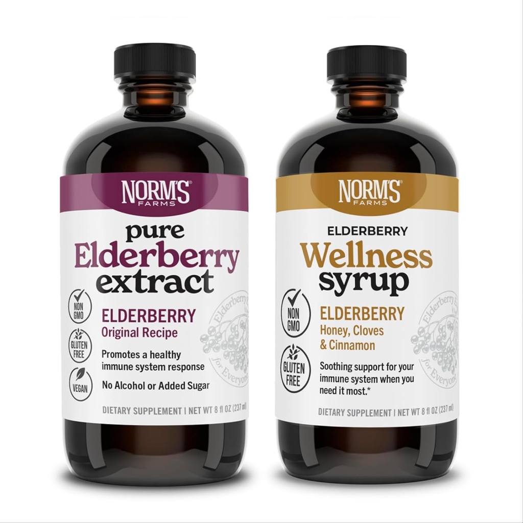 Norm 's Farms Elderberry Extract & Wellness Syrup Bundle 2 PK - Imunitní podpora Elderberry Sirup pro děti a dospělé - Vyrobeno v USA, Čisté, Potent, Přírodní ingredience, Vegan, Gluten- Free, Non- GMO - 8 Oz