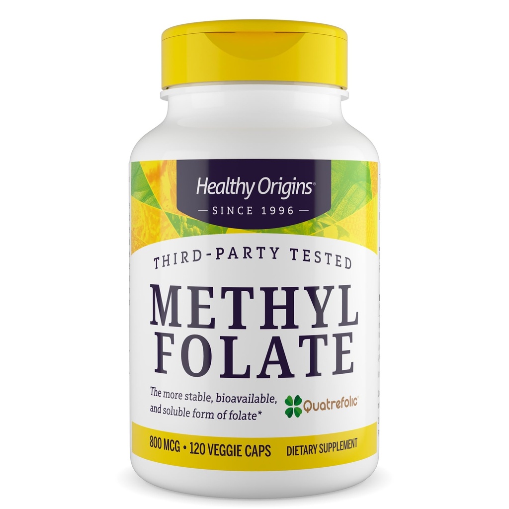 Zdravý původ Methyl Folate 800 mcg (Quatrefolic, Non- GMO, Bioavailable Folate, Gluten Free, Neurotransmiter Support), 120 Veggie Caps