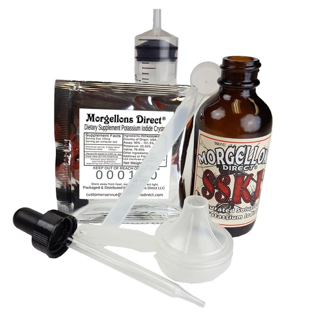 SSKI Jodový iodid Solutions Mixing Kit obsahuje potřebné nástroje a předměřený doplněk stravy iodidové krystaly draselné. Jen přidejte destilovanou vodu.