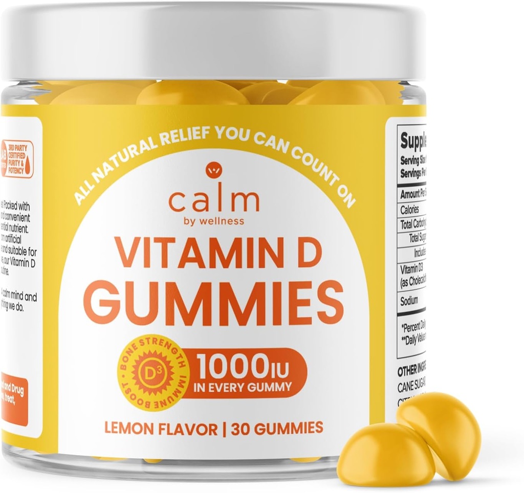 Relax by Wellness Vitamin D Gummie pro dospělé, Vitamin D3 Gummy, Vitamíny pro podporu kostního a imunitního systému, Lemon Flavor, 30 Počet