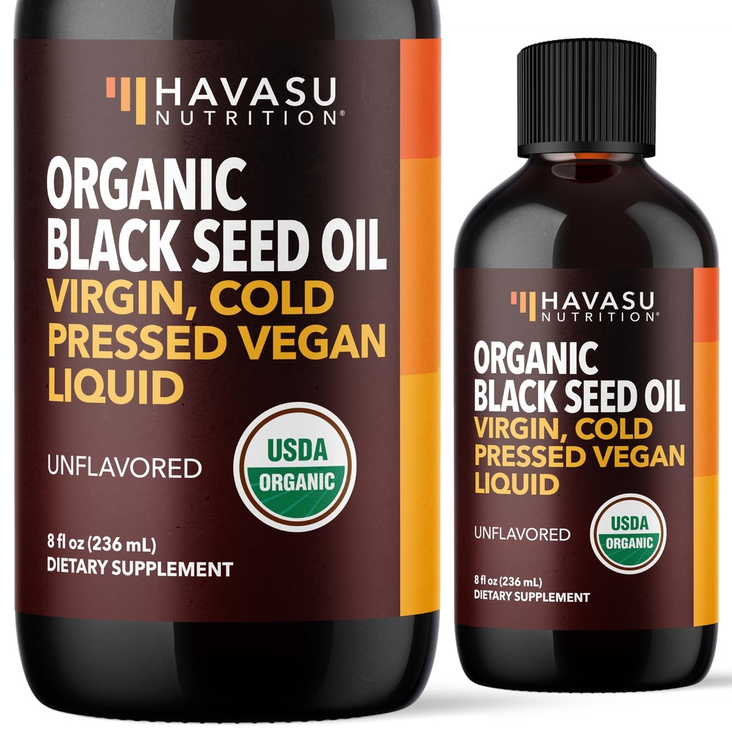 Organic Black Seed Oil Cold Pressed Liquid - Black Cumin dodatek pro funkci imunitního systému, stravovací podpora, vlasový nuriment & celkové zdraví - 8 Fl Oz - Neochucené, non-GMO, Vegan