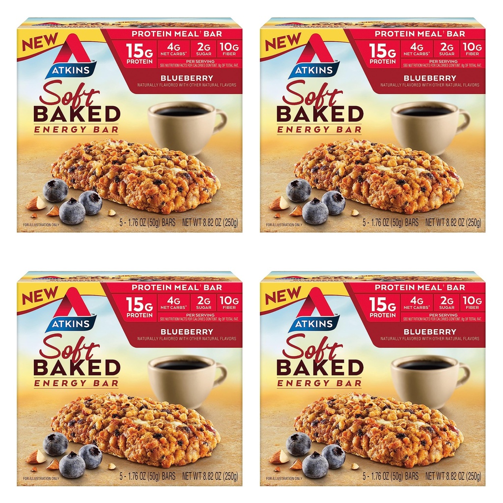 Atkins borůvkové ochucené měkké pečené energetické bary, High in Protein Snack Bar, Nízký cukr, High Fiber Snack, Protein Snack, 4 balení (4 Bary každý)