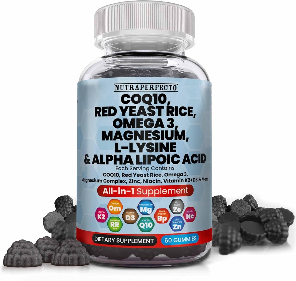 L- lysin Coq10 Alpha Kyselina lipoová Gummie Red Yeast Rice Magnesium Gummy pro dospělé a děti - aminokyseliny doplňky Omega 3 Niacin zinkový vitamin K2 D3 B3 - Vitaminy pro ženy a muže - 60 Gummy Medvědy