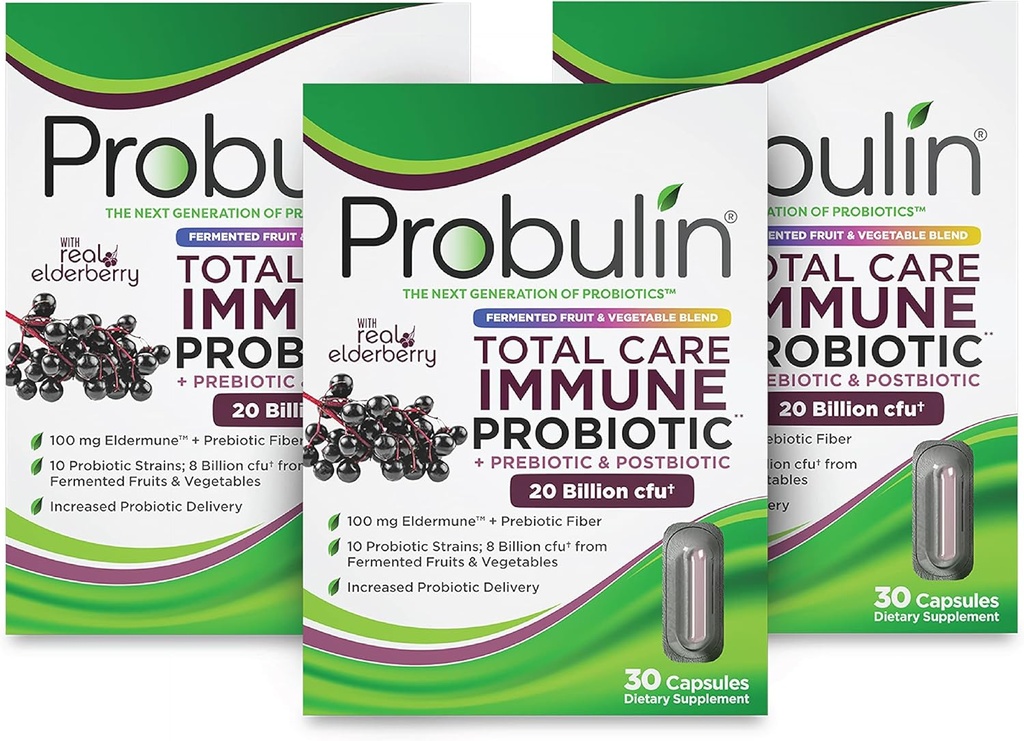 Probulin Total Care Immunication = Prebiotika + Probiotika + Postbiotika + Elderberry na podporu imunitního & Gut Health - 20 miliard CFU - 10 stupňů - 30 Veganských kapslí (balení po 3)